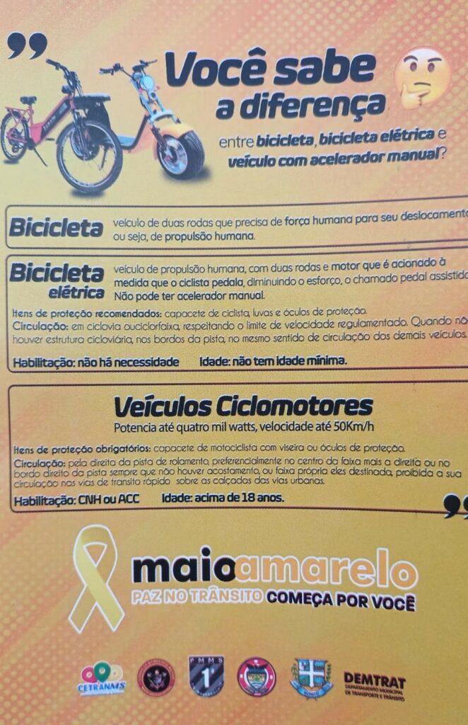 Em Bonito, 'Maio Amarelo' aborda diferença entre bicicletas e veículos ciclomotores