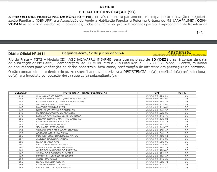 Demurf convoca pré-selecionados no Residencial Rio da Prata (III) para apresentação de documentos