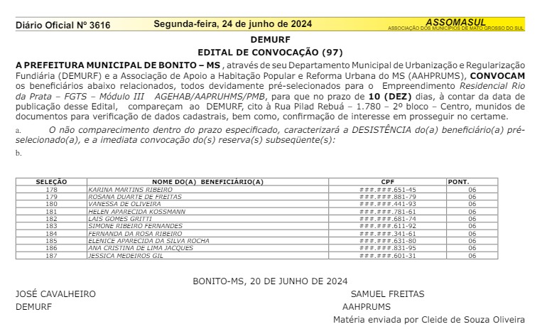 Demurf convoca pré-selecionados no Residencial Rio da Prata (III) para apresentação de documentos